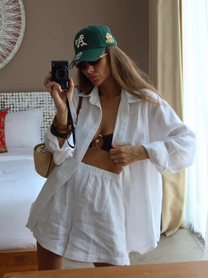 Women's Cotton 2-Piece Shirt and Pants Set with Drawstring