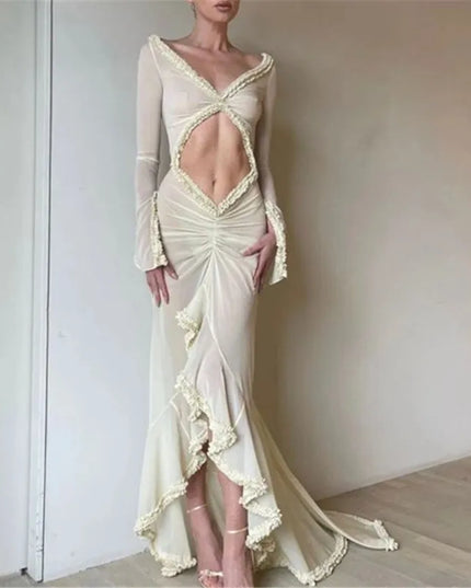 Women's Long Sleeve V-Neck Mesh Dress