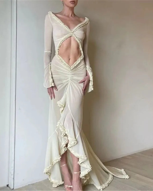 Women's Long Sleeve V-Neck Mesh Dress