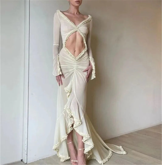 Women's Long Sleeve V-Neck Mesh Dress