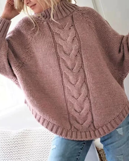 Women's Loose Fit Cable Knit Sweater - High Neck Pullover for Women