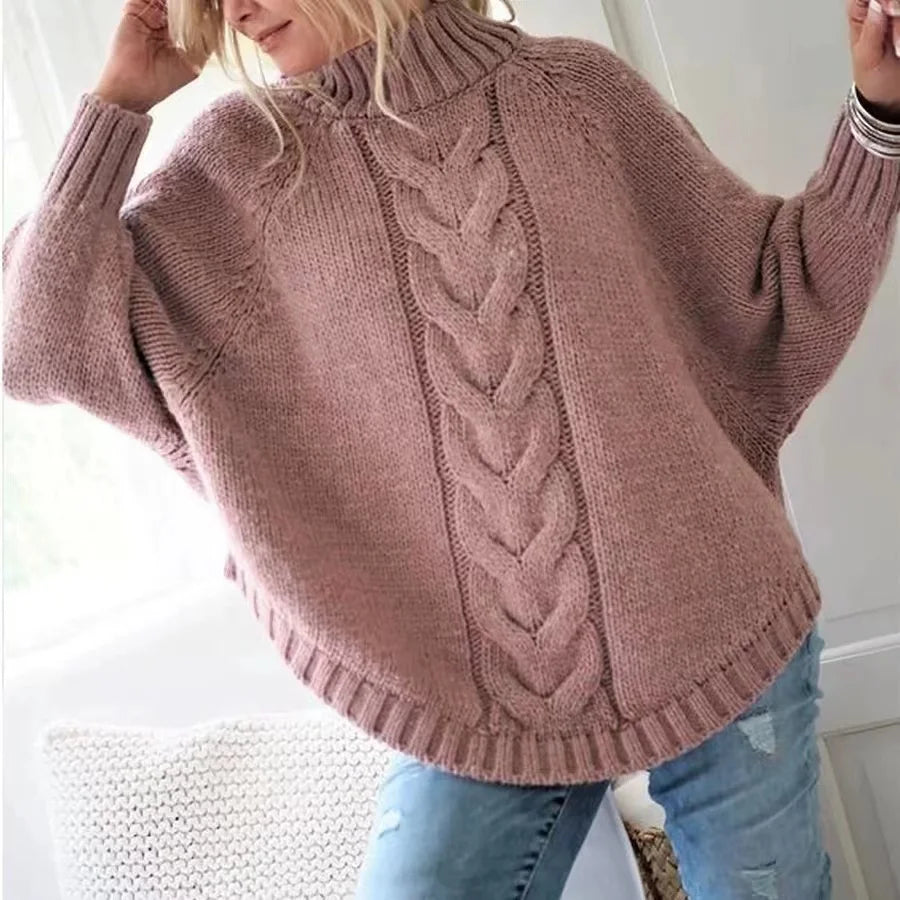 Women's Loose Fit Cable Knit Sweater - High Neck Pullover for Women