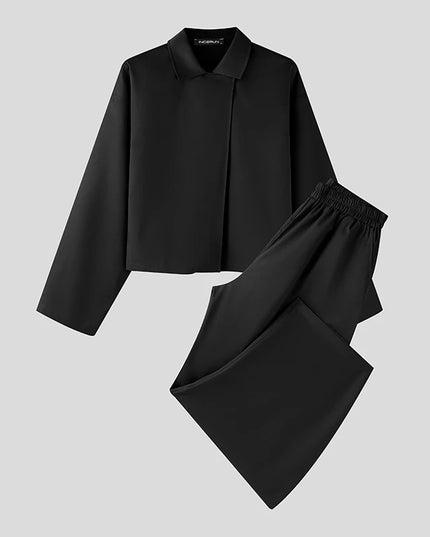 INCERUN Men’s Two-Piece Set: Lapel Long Sleeve Flared Shirt & Flared Pants