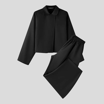 INCERUN Men’s Two-Piece Set: Lapel Long Sleeve Flared Shirt & Flared Pants