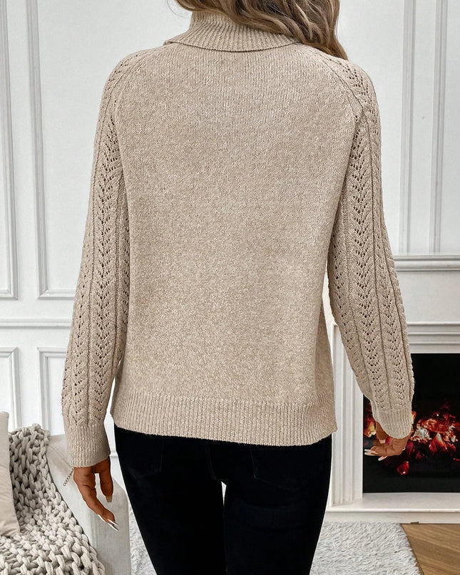 High Neck Knit Sweater - 100% Acrylic Hollow Weave, Loose Fit - Women's Casual Pullover for Fall/Winter