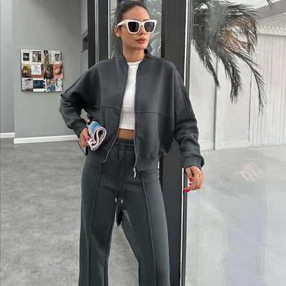 Women's Two-Piece Zipper Jacket and High-Waist Lace-Up Elastic Trousers Set