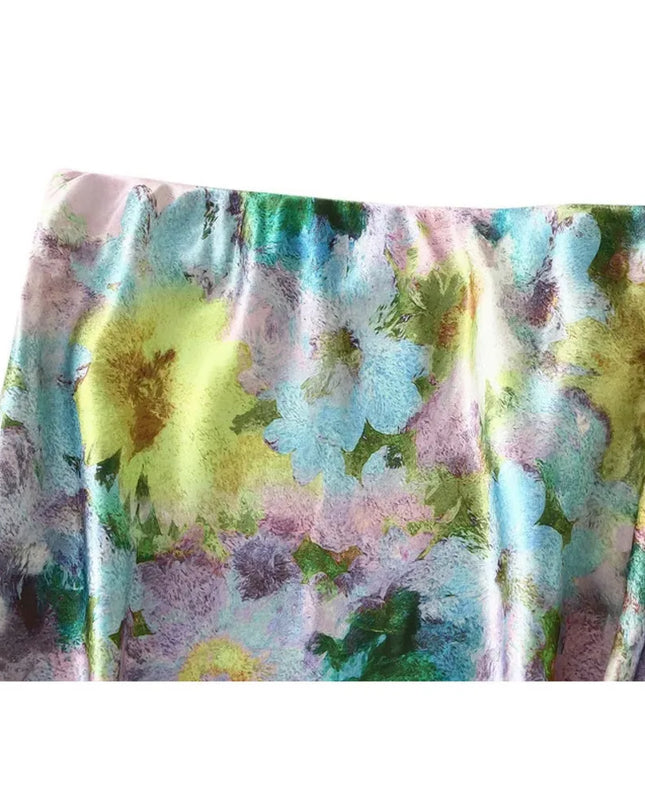 Women's High-Waisted Floral Print Satin-Like Long Skirt