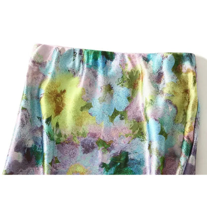 Women's High-Waisted Floral Print Satin-Like Long Skirt
