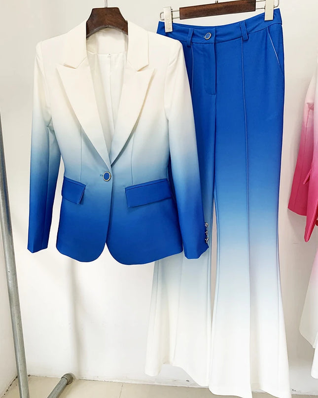 Women's Gradient Color Printed Two-Piece Blazer and Flare Pants Set