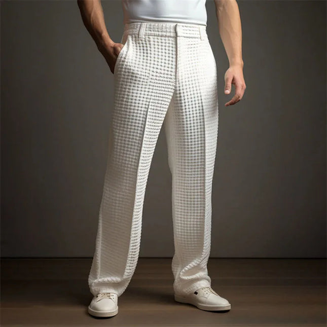Men's Mid-Waist Twill Straight Leg Pants with Pockets - Casual Long