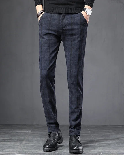 Men's Slim Fit Elastic Waist Brushed Plaid Pants
