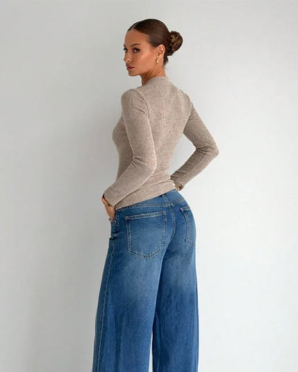Women's Knitted Asymmetric Collar Sweater with Metal Buckle