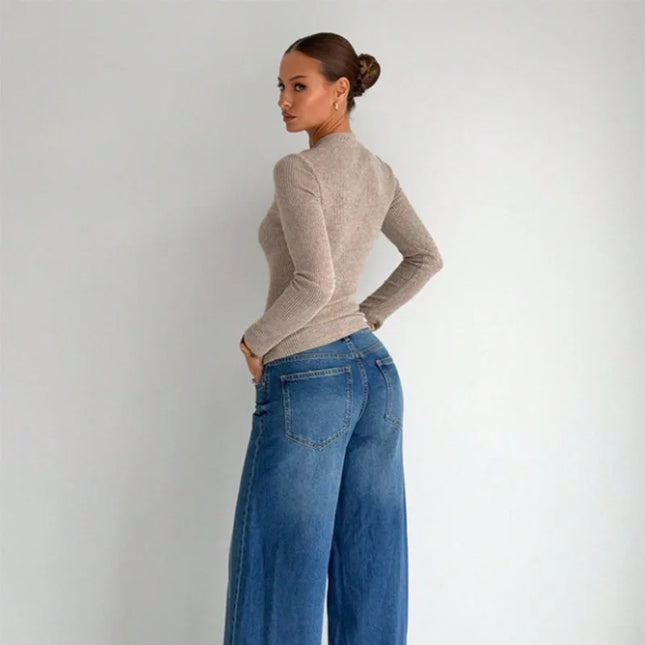 Women's Knitted Asymmetric Collar Sweater with Metal Buckle