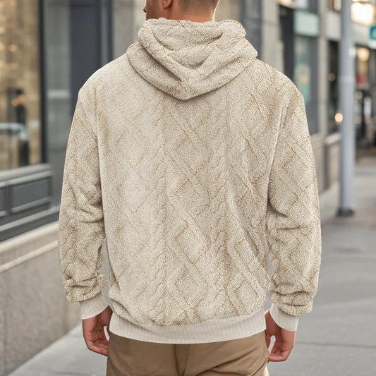 Men's Double-Sided Fleece Hooded Sweatshirt with Jacquard Rhombic Pattern
