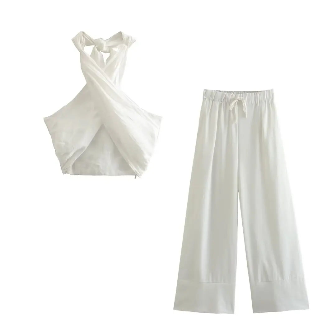 TRAFZA Women's Halter Neck Crossover 2-Piece Camisole and Pants Set