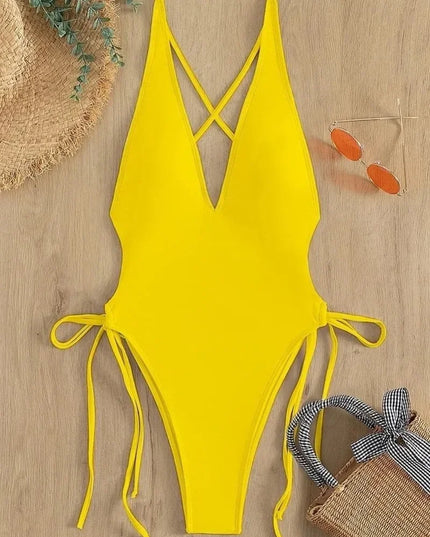 Women's Deep V Neck One-Piece Swimsuit with Hollow Out Design & Pleated Style