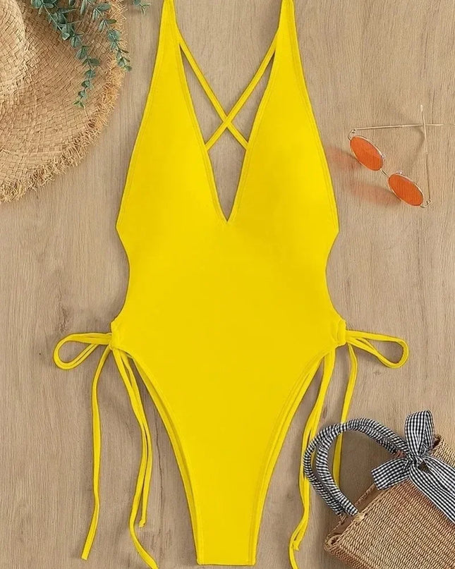 Women's Deep V Neck One-Piece Swimsuit with Hollow Out Design & Pleated Style