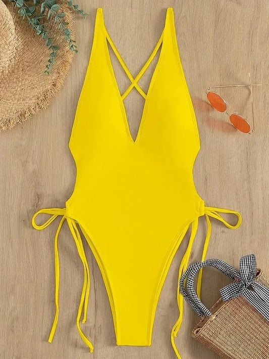 Women's Deep V Neck One-Piece Swimsuit with Hollow Out Design & Pleated Style