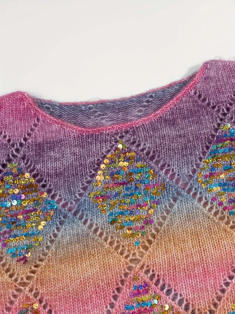 Women's Rainbow Crewneck with Pearl and Diamond Pattern Embroidery