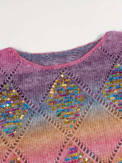 Women's Rainbow Crewneck with Pearl and Diamond Pattern Embroidery