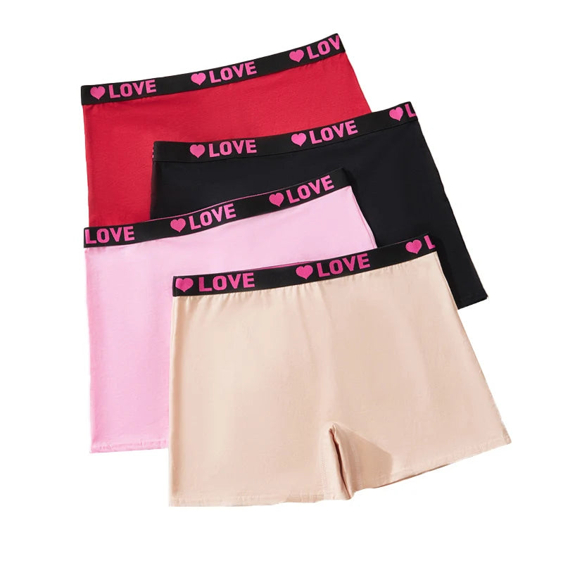 4PCS Plus Size Women's Comfort Cotton Boxer Briefs with Love Heart Print