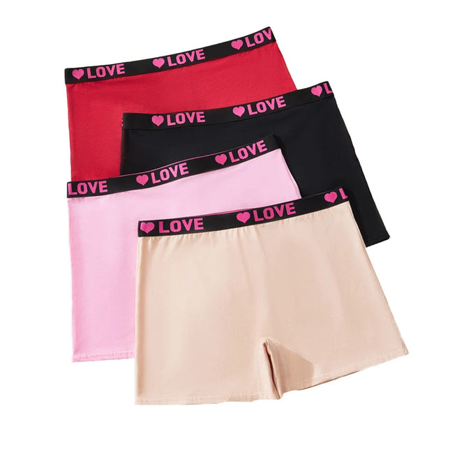 4PCS Plus Size Women's Comfort Cotton Boxer Briefs with Love Heart Print
