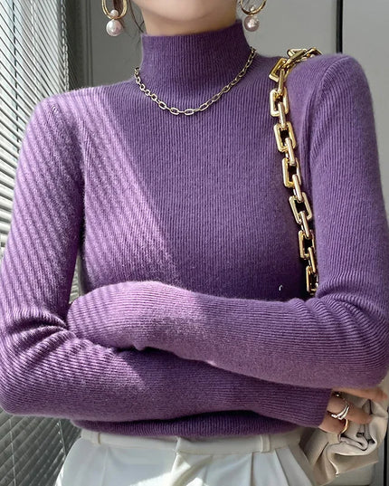 Ribbed Neck Sweater for Women - Fitted Knitted Pullovers