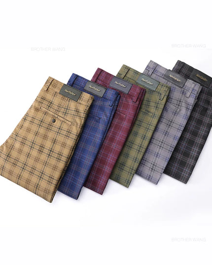 Slim Fit Cotton Plaid Stretch Trousers for Men