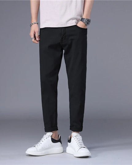 Stylish Slim Fit Men's Korean Style Thin Jeans - Straight Foot Denim Cropped Pants for Men