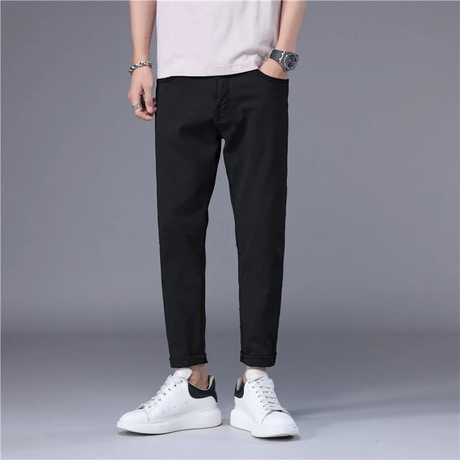 Stylish Slim Fit Men's Korean Style Thin Jeans - Straight Foot Denim Cropped Pants for Men