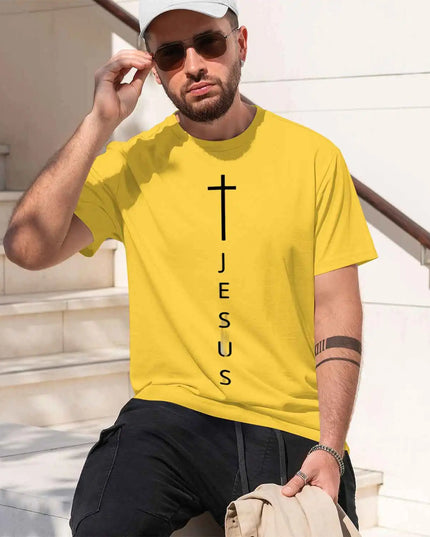 Men's 100% Cotton Casual T-Shirt with Large Cross and Jesus Letter Print