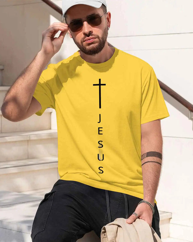 Men's 100% Cotton Casual T-Shirt with Large Cross and Jesus Letter Print
