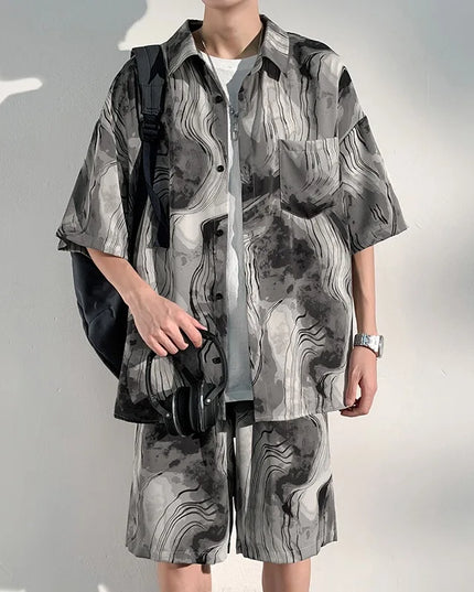 Men's Two-Piece Loose Fit Tie-Dye Striped Shirt and Shorts Set
