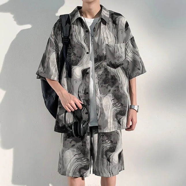 Men's Two-Piece Loose Fit Tie-Dye Striped Shirt and Shorts Set