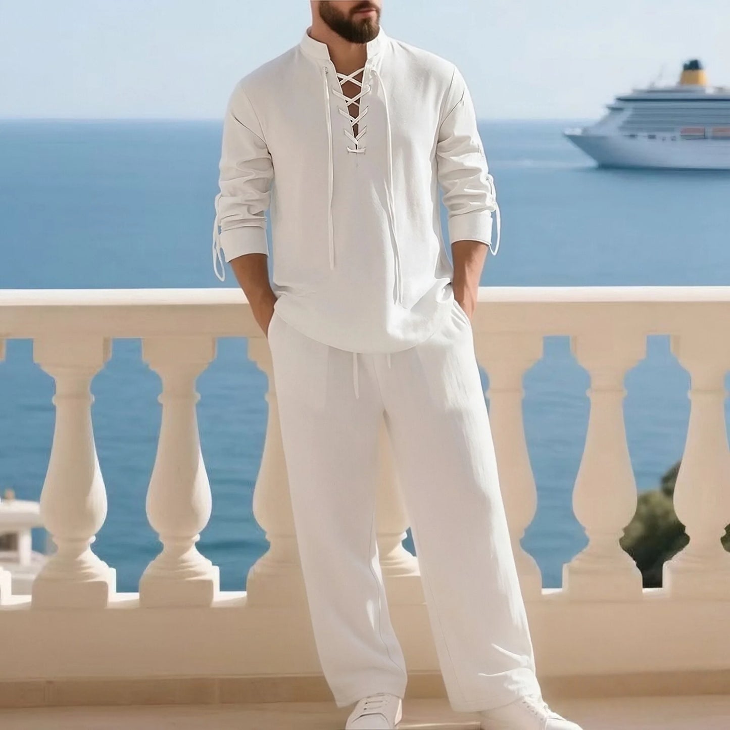 2-Piece Men's Cotton Linen Shirt and Pants Set