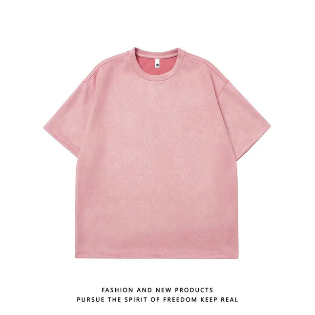 Men's Oversized Faux Suede Short Sleeve T-Shirt with Round Neck
