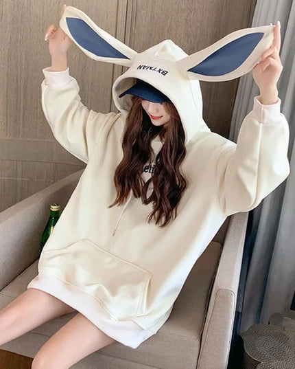 Women’s Fleece Thicken Hooded Pullover Sweater with Rabbit Ear Design