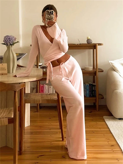 Women's 2-Piece Loose Pants and Flare Sleeve Crop Top Set