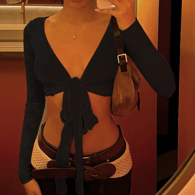 Slim Lace-Up V-Neck Crop Top with Long Sleeves