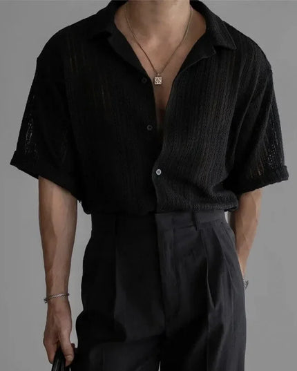 Men's Loose Fit Short-Sleeved Knitted Shirt with Jacquard Collar and Hollow Design
