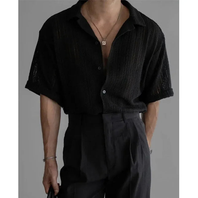 Men's Loose Fit Short-Sleeved Knitted Shirt with Jacquard Collar and Hollow Design