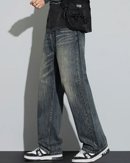 Men's Cotton Baggy Wide Leg Jeans – Retro Washed Denim Loose Fit Trousers for Men