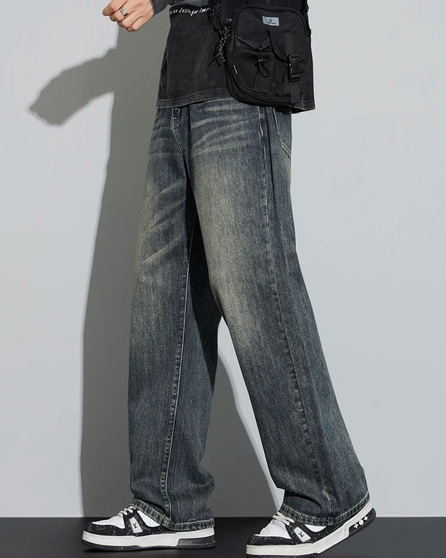 Men's Cotton Baggy Wide Leg Jeans – Retro Washed Denim Loose Fit Trousers for Men
