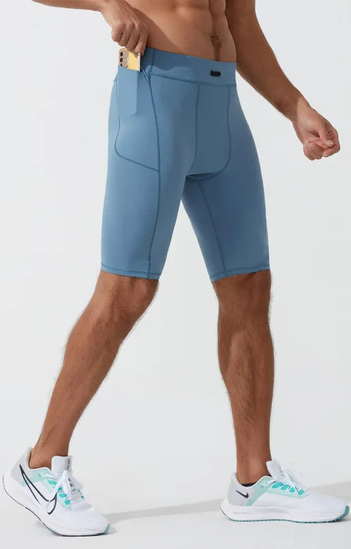 Blue athletic shorts with color options displayed on a white background