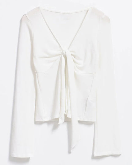 Women's Long Sleeve V-Neck Tie-Front Blouse