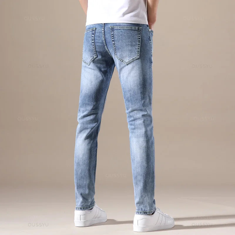 Stylish OUSSYU Men's Denim Jeans – Retro Pleated Skinny Fit Jeans for Men