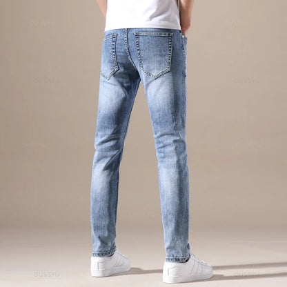 Stylish OUSSYU Men's Denim Jeans – Retro Pleated Skinny Fit Jeans for Men