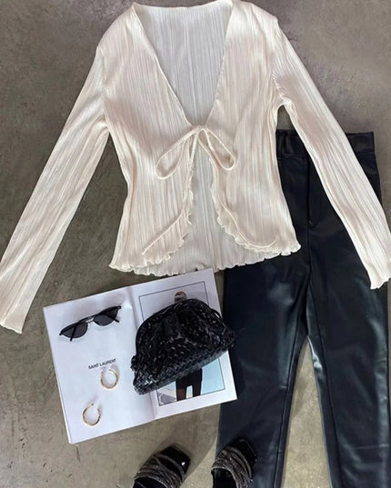 Women's Pleated Chic Long Flare Sleeve V-Neck Tie-Front Cardigan