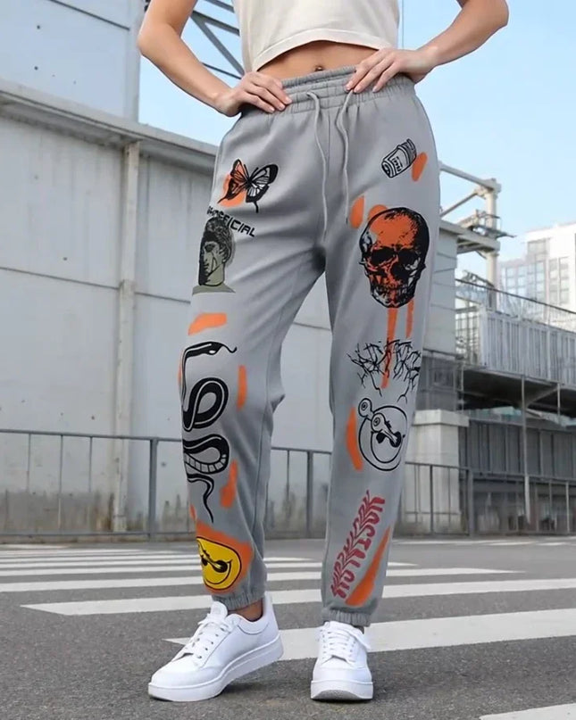 Women's High-Waist Sweatpants with Harajuku Cartoon Design