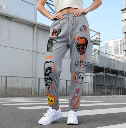 Women's High-Waist Sweatpants with Harajuku Cartoon Design